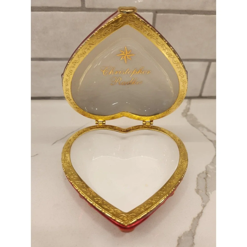 Vintage Christopher Radko Red Gold Glitter‎ Heart Hinged Trinket Box Jewelry Box
